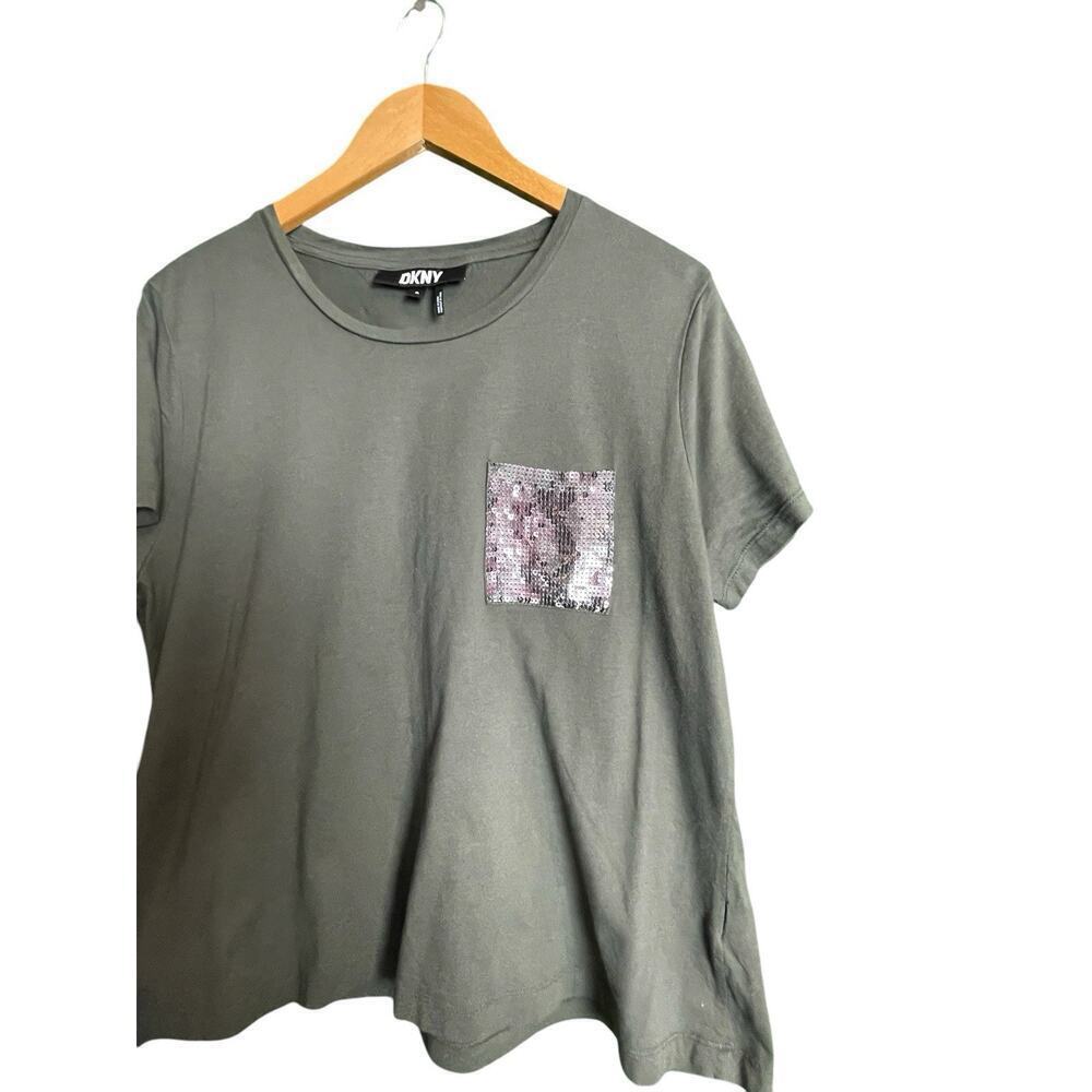 DKNY Green T-Shirt Size XL Sequins Pocket Y2k Loose Flowy Glam Casual Lounge - Picture 5 of 6